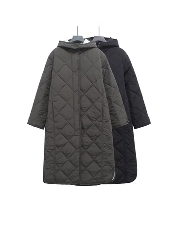 Veste Ample Mi-Longue Matelassée en Losange avec Capuche pour Femme Manteau Rembourré Chaud d'Hiver