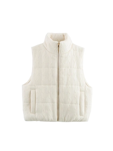 Women's Fashion Cable Knit Quilted Padded Vest Stand Collar Solid Color Zipper Waistcoat Casual Sleeveless Jacket Outerwear