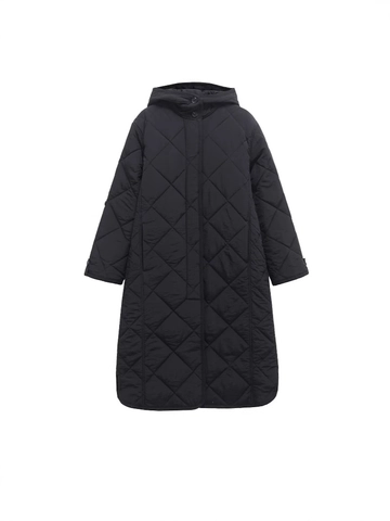 Veste Ample Mi-Longue Matelassée en Losange avec Capuche pour Femme Manteau Rembourré Chaud d'Hiver