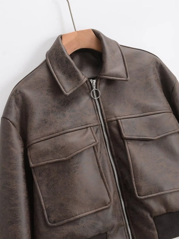 Vintage Bruin PU Leer Bomberjack Voor Vrouwen Verweerde Moto Biker Jas Met Zakken Geribbelde Zoom Mode Bovenkleding