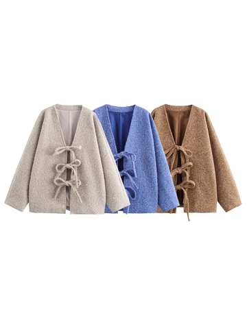 Chaqueta Holgada de Lana de Imitación Bouclé para Mujer Con Lazo Delantero Cárdigan Cuello en V Manga Larga Abrigo Invierno