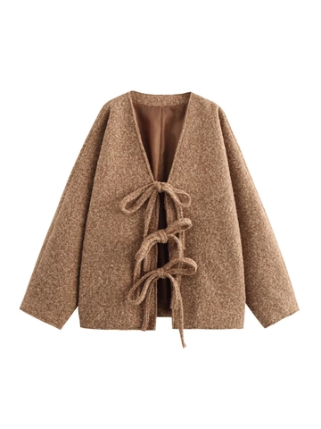 Chaqueta Holgada de Lana de Imitación Bouclé para Mujer Con Lazo Delantero Cárdigan Cuello en V Manga Larga Abrigo Invierno