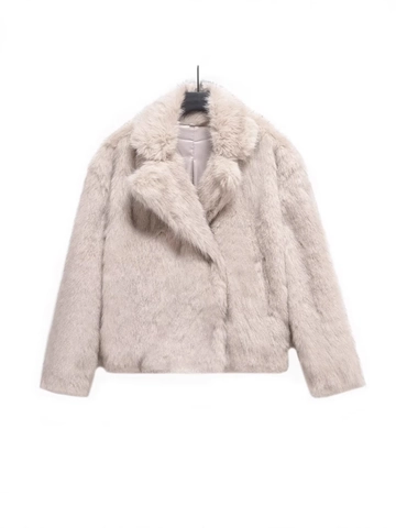 Damen Kunstpelzmantel Revers Einfarbig Langarm Verdeckte Schnalle Warm Kurz Jacke Winter Streetwear Flauschig Oberbekleidung
