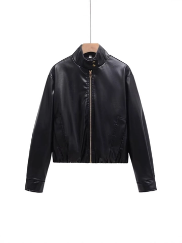 Vintage PU Faux Leather Jacket Women Biker Style Stand Collar Short Coat Loose Fit Long Sleeve Outerwear Solid Black
