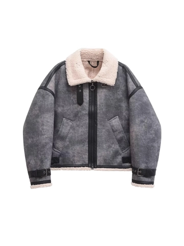 Γυναικείο Oversized Faux Suede Biker Μπουφάν με Faux Μαλλί Προβάτου Aviator Μπουφάν Μακρυμάνικο με Φερμουάρ Ζεστό Χειμερινό