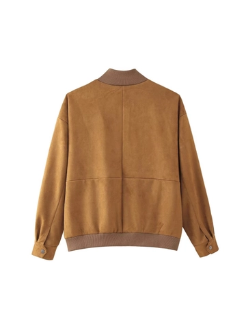 Women Vintage Faux Suede Bomber Jacket Solid Color Patchwork Stand Collar Loose Long Sleeve Zip Up Outerwear Coat With Flap Pockets
