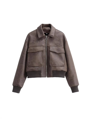 Vintage Bruin PU Leer Bomberjack Voor Vrouwen Verweerde Moto Biker Jas Met Zakken Geribbelde Zoom Mode Bovenkleding