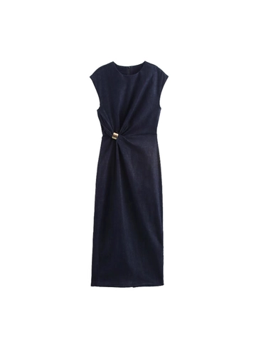 Vestido Denim sin Mangas para Mujer Adorno Metal Dorado Detalle Plisado Torsión Cuello Redondo Azul Oscuro Street Style Maxi