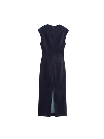 Vestido Denim sin Mangas para Mujer Adorno Metal Dorado Detalle Plisado Torsión Cuello Redondo Azul Oscuro Street Style Maxi