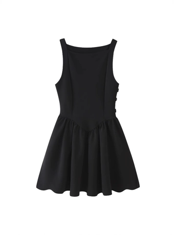 Vrouwen Elegante Zwarte Mouwloze Mini-jurk Vierkante Hals Geplooide Taille Zijknopen Slim Fit Streetwear Skater Korte Jurk