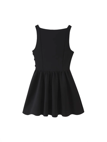 Vrouwen Elegante Zwarte Mouwloze Mini-jurk Vierkante Hals Geplooide Taille Zijknopen Slim Fit Streetwear Skater Korte Jurk