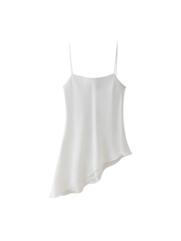 Top Canotta da Donna Bianco Asimmetrico in Raso Sexy Senza Schienale Spalline Sottili Minimalista Senza Maniche Camicia Estiva