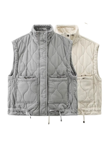 Gilet Matelassé Décontracté pour Femmes Col Montant Fermeture Éclair Rembourré Avec Cordon de Serrage Grandes Poches Veste sans Manches Automne Hiver