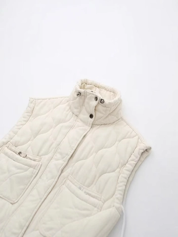 Gilet Matelassé Décontracté pour Femmes Col Montant Fermeture Éclair Rembourré Avec Cordon de Serrage Grandes Poches Veste sans Manches Automne Hiver