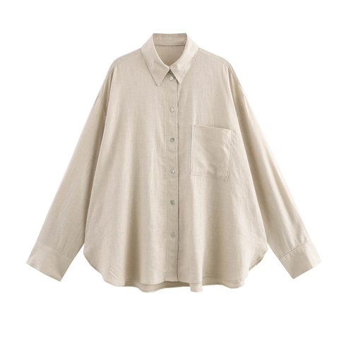 Dames Casual Linnen Blouse Oversized Lange Mouw Button Down Shirt Omslagkraag Effen Kleur Tops Met Borstzak