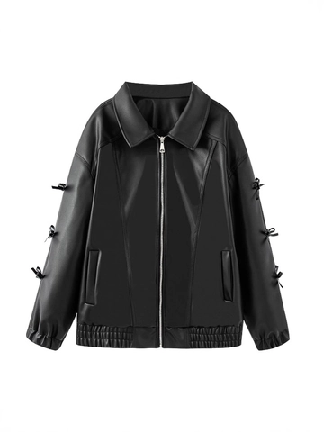 Giacca in Pelle PU Chic da Donna Streetwear con Fiocco Cerniera Capispalla Corti Elegante Cappotto Biker in Ecopelle con Fiocchi Nero
