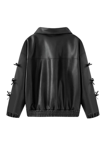 Giacca in Pelle PU Chic da Donna Streetwear con Fiocco Cerniera Capispalla Corti Elegante Cappotto Biker in Ecopelle con Fiocchi Nero