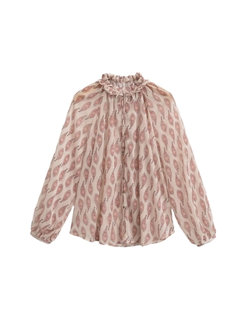 Damen Paisley Druck Bluse Metallic Goldfaden Rüschen Stehkragen Langarm Böhmisch Chiffon Hemd Streetwear Top
