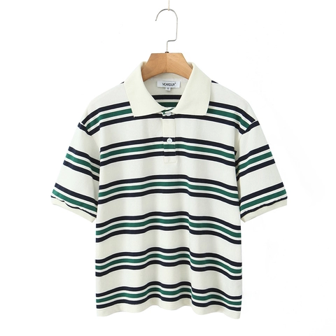 Camiseta Polo a Rayas Vintage y Mini Falda Plisada Mujer Patchwork Top de Manga Corta Estilo Preppy Ropa Streetwear Verano