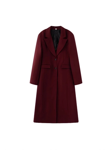 Women Casual Burgundy Long Overcoat Notched Lapel Button Up Jacket With Pockets Street Style Winter Autumn Outerwear Fashion