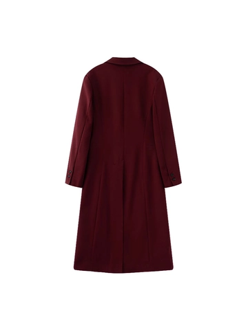 Women Casual Burgundy Long Overcoat Notched Lapel Button Up Jacket With Pockets Street Style Winter Autumn Outerwear Fashion