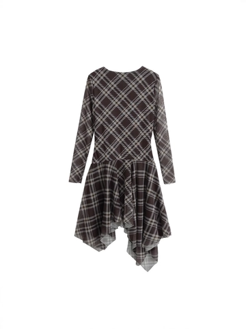 Vestito a Maniche Lunghe in Maglia Scozzese da Donna Girocollo Arricciato con Orlo Irregolare Bodycon Mini Abito da Festa Primaverile