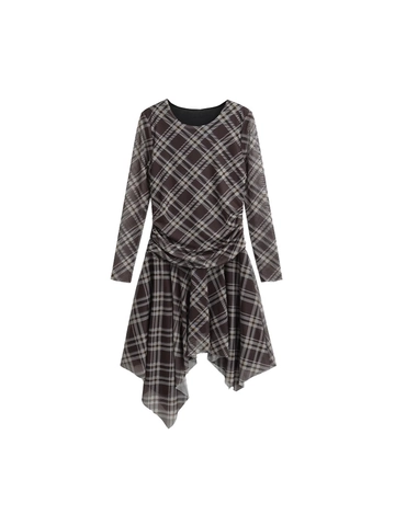 Vestito a Maniche Lunghe in Maglia Scozzese da Donna Girocollo Arricciato con Orlo Irregolare Bodycon Mini Abito da Festa Primaverile