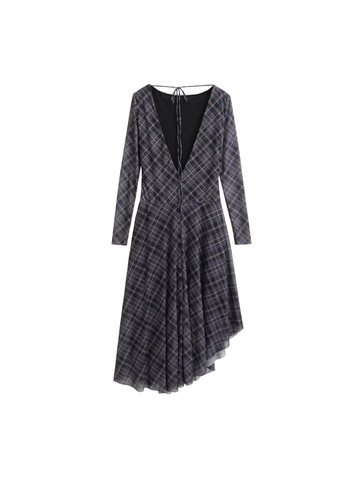 Dames Casual Ruitjes Mesh Geplooid Midi Jurk Lange Mouw Open Rug Striklint Onregelmatige Zoom Asymmetrische Streetwear Jurk