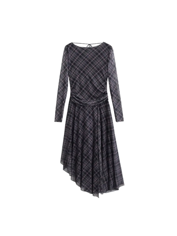 Dames Casual Ruitjes Mesh Geplooid Midi Jurk Lange Mouw Open Rug Striklint Onregelmatige Zoom Asymmetrische Streetwear Jurk