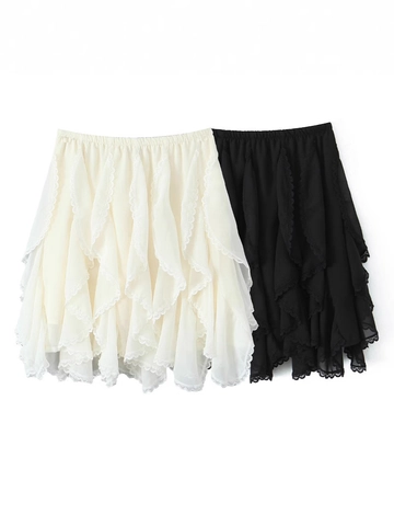 Dames Onregelmatige Kant Patchwork Rok Ruffles Multi Layer Tiered Geplooide Korte Rok Elastische Taille Zoete Rok