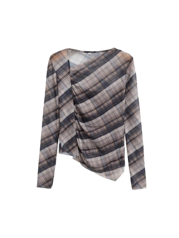 Damen Casual Karo Netzgewebe Langarm T-Shirt Geraffter Asymmetrischer Saum Slim Fit Braunes Gitter Transparente Bluse Top