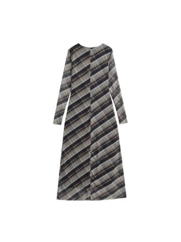 Dames Retro Geruit Mesh Maxi Jurk Ronde Hals Lange Mouwen Hoge Taille Slim Fit Polyester Lange Jurk Casual Streetwear