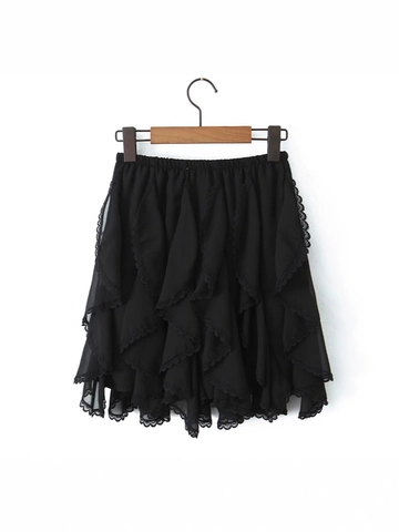 Dames Onregelmatige Kant Patchwork Rok Ruffles Multi Layer Tiered Geplooide Korte Rok Elastische Taille Zoete Rok