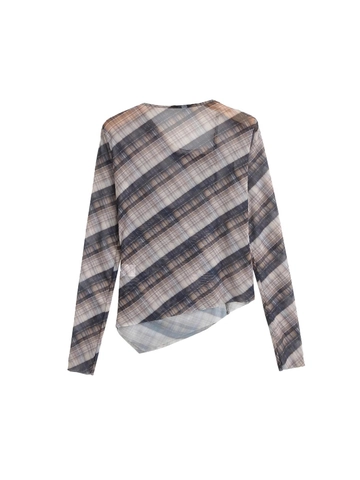 Damen Casual Karo Netzgewebe Langarm T-Shirt Geraffter Asymmetrischer Saum Slim Fit Braunes Gitter Transparente Bluse Top