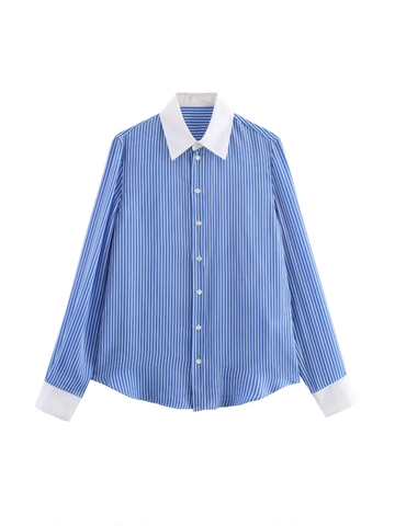 Damen Casual Blau Weiß Gestreift Langarm Hemd Kontrastkragen Manschetten Button Down Bluse Business Büro Streetwear Top