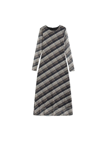 Dames Retro Geruit Mesh Maxi Jurk Ronde Hals Lange Mouwen Hoge Taille Slim Fit Polyester Lange Jurk Casual Streetwear
