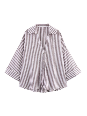 Women Casual Striped Shirt Linen Blend Long Sleeve Button Down Lapel Loose Fit Brown White Blouse Top Streetwear Style
