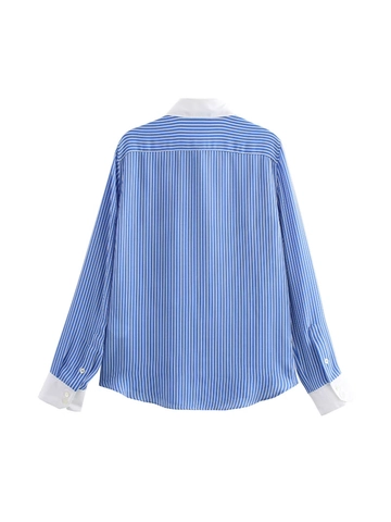 Damen Casual Blau Weiß Gestreift Langarm Hemd Kontrastkragen Manschetten Button Down Bluse Business Büro Streetwear Top