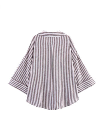 Women Casual Striped Shirt Linen Blend Long Sleeve Button Down Lapel Loose Fit Brown White Blouse Top Streetwear Style
