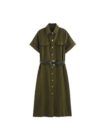 Women Short Sleeve Turn-down Collar Button Midi Shirt Dress With Belt Summer Utility Workwear Solid Green Dress