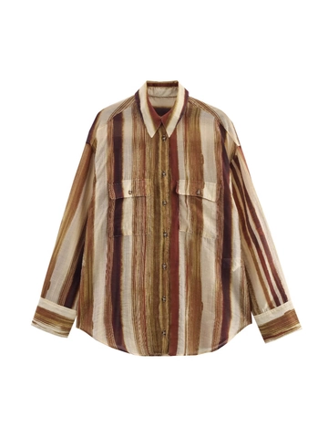 Camisa de Rayas Vintage para Mujer Color de Contraste Informal de Manga Larga con Solapa y Botones Blusa con Bolsillos