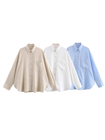 Camicetta da Donna in Lino a Maniche Lunghe Vestibilità Lenta Camicia Abbottonata Con Tasca Orlo Curvo Tinta Unita Top Minimalista