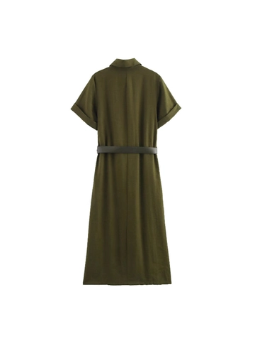 Women Short Sleeve Turn-down Collar Button Midi Shirt Dress With Belt Summer Utility Workwear Solid Green Dress