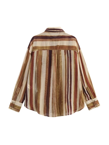 Camisa de Rayas Vintage para Mujer Color de Contraste Informal de Manga Larga con Solapa y Botones Blusa con Bolsillos