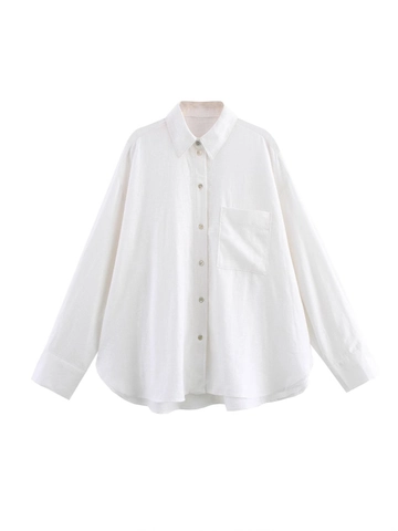 Camicetta da Donna in Lino a Maniche Lunghe Vestibilità Lenta Camicia Abbottonata Con Tasca Orlo Curvo Tinta Unita Top Minimalista