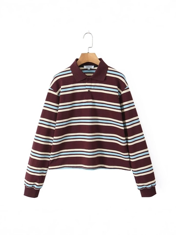 Maglia Polo da Donna a Righe Retro Americano a Maniche Lunghe Vestibilità Larga Casual Blocchi di Colore Top in Maglia