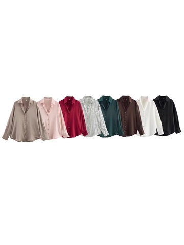 Dames Elegante Satijnen Blouse Met Lange Mouwen Casual Effen Kleur Revers Enkele Rij Knoppen Kantoor Shirt Top