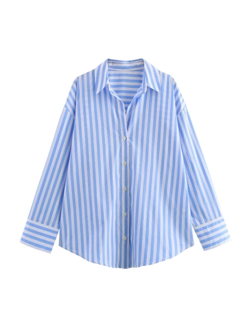 Women Casual Striped Long Sleeve Poplin Shirt Oversized Lapel Button Down Blouse Top Spring Autumn Fashion Loose Fit Shirt
