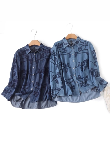 Camicia di Jeans da Donna Casual Larga a Manica Lunga Con Ricamo Floreale Revers Monopetto Camicetta in Denim Lyocell per Primavera