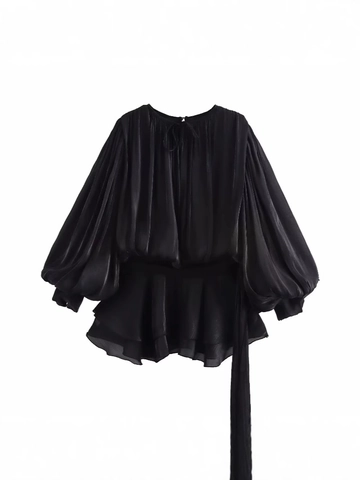 Mini Vestido de Manga Abullonada para Mujer Color Sólido Dobladillo con Volantes Plisado Cintura con Lazo Cuello Redondo Elegante Casual Fiesta